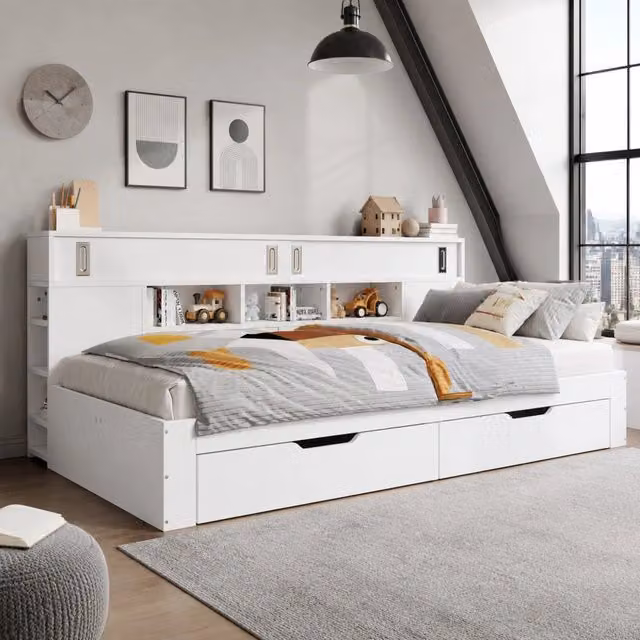 Letto singolo multifunzione 90x190 cm con 2 cassetti; armadi e ripiani; MDF bianco