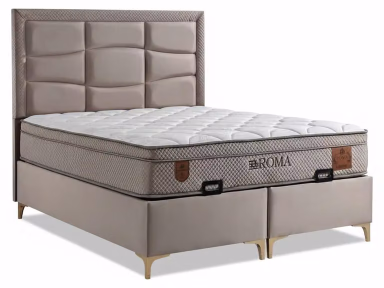Letto con materasso in stile moderno, rivestimento in tessuto marrone, con contenitore