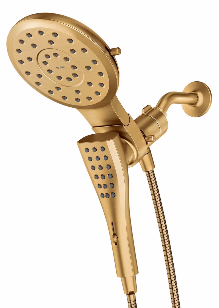 Set doccia a 8 funzioni, diametro 7 pollici, finitura oro spazzolato, con soffione e doccetta manuale