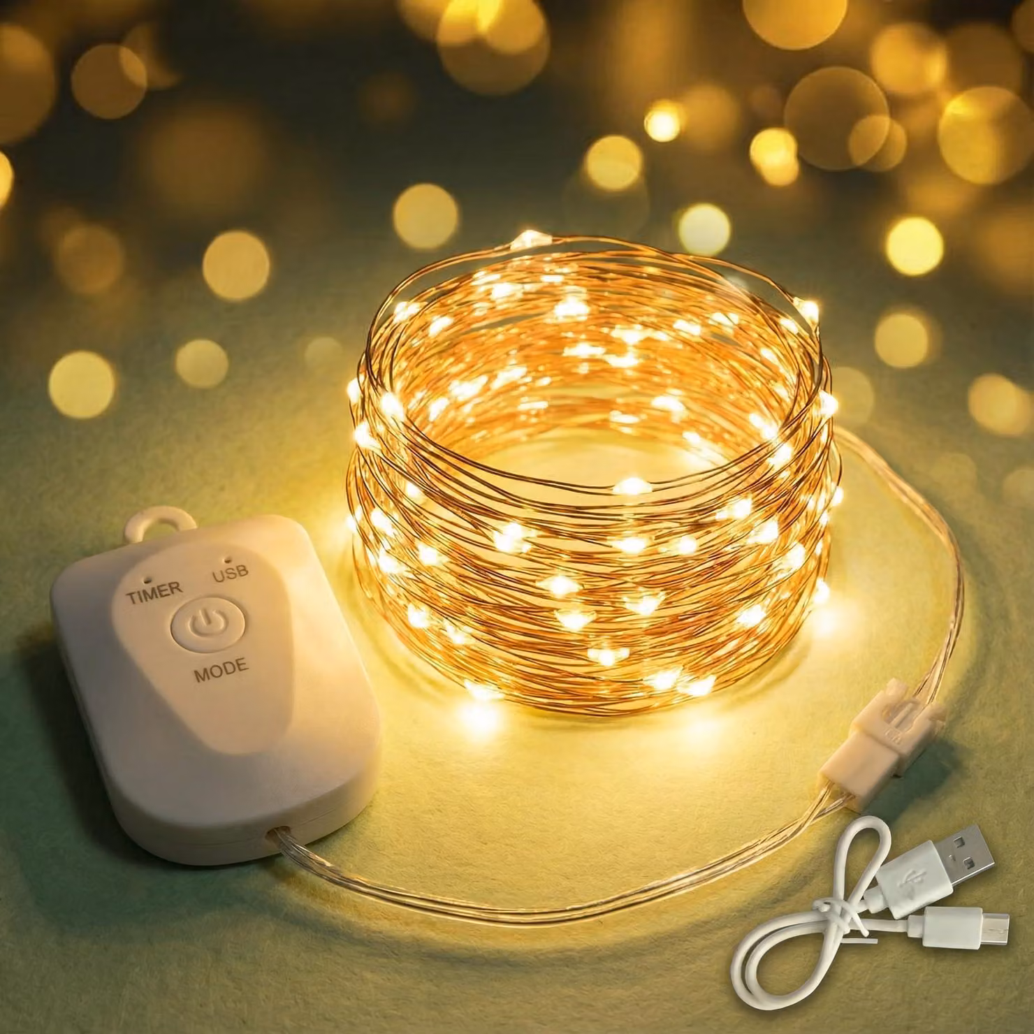 Catena luminosa da 3 metri, con 30 LED bianco caldo, ricaricabile, timer, 8 modalità, grado di protezione IP67
