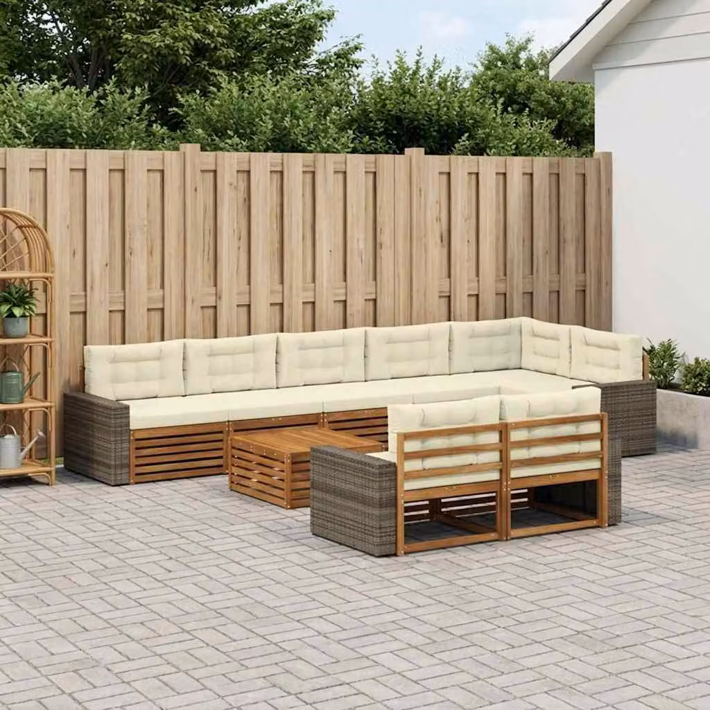 Set di divani da esterno vidaXL 9 pz a forma di U in legno di acacia marrone con cuscini beige