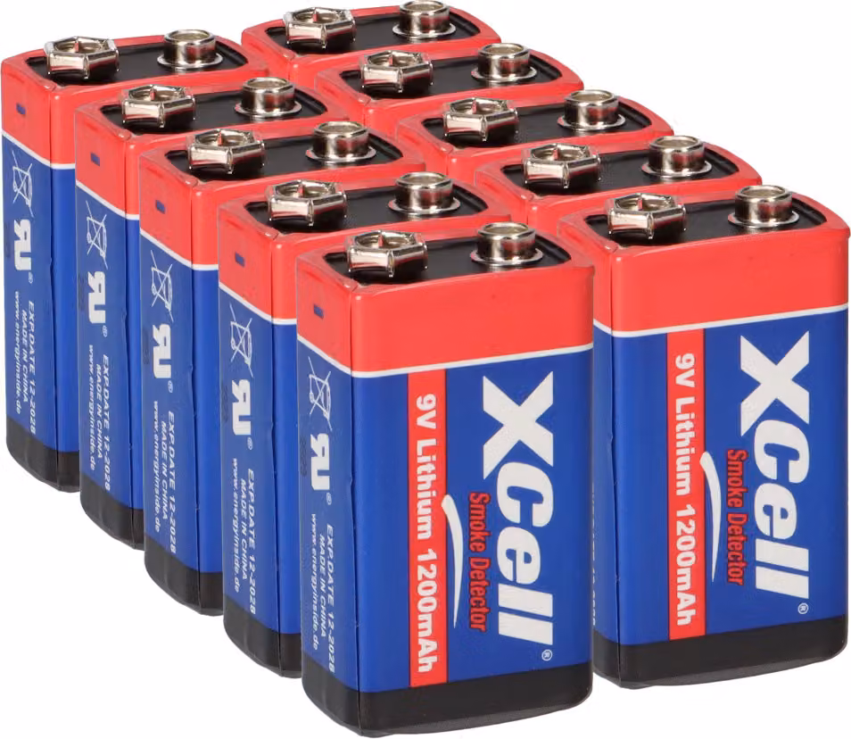 10 batterie al litio XCell 9V, formato blocco, capacità 1200mAh - set per rilevatori di fumo, compatibili con rilevatori di fumo e sistemi di sicurezza