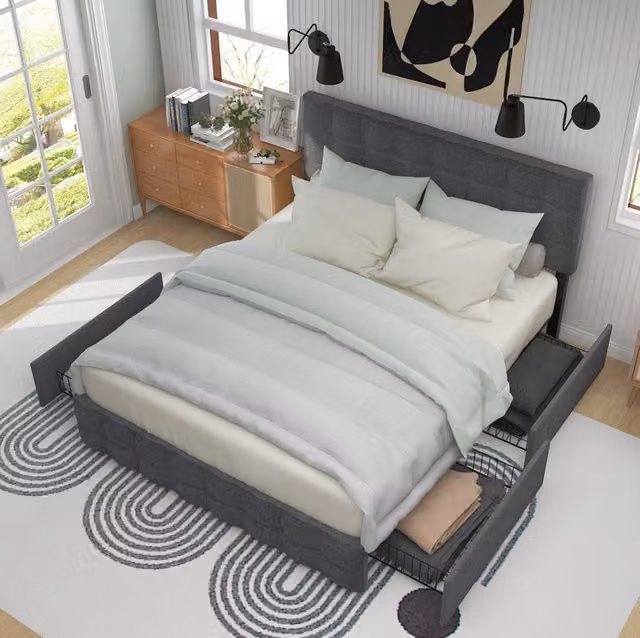 Letto imbottito con 4 cassetti; testiera regolabile; rete a doghe in acciaio; grigio 140x200 cm