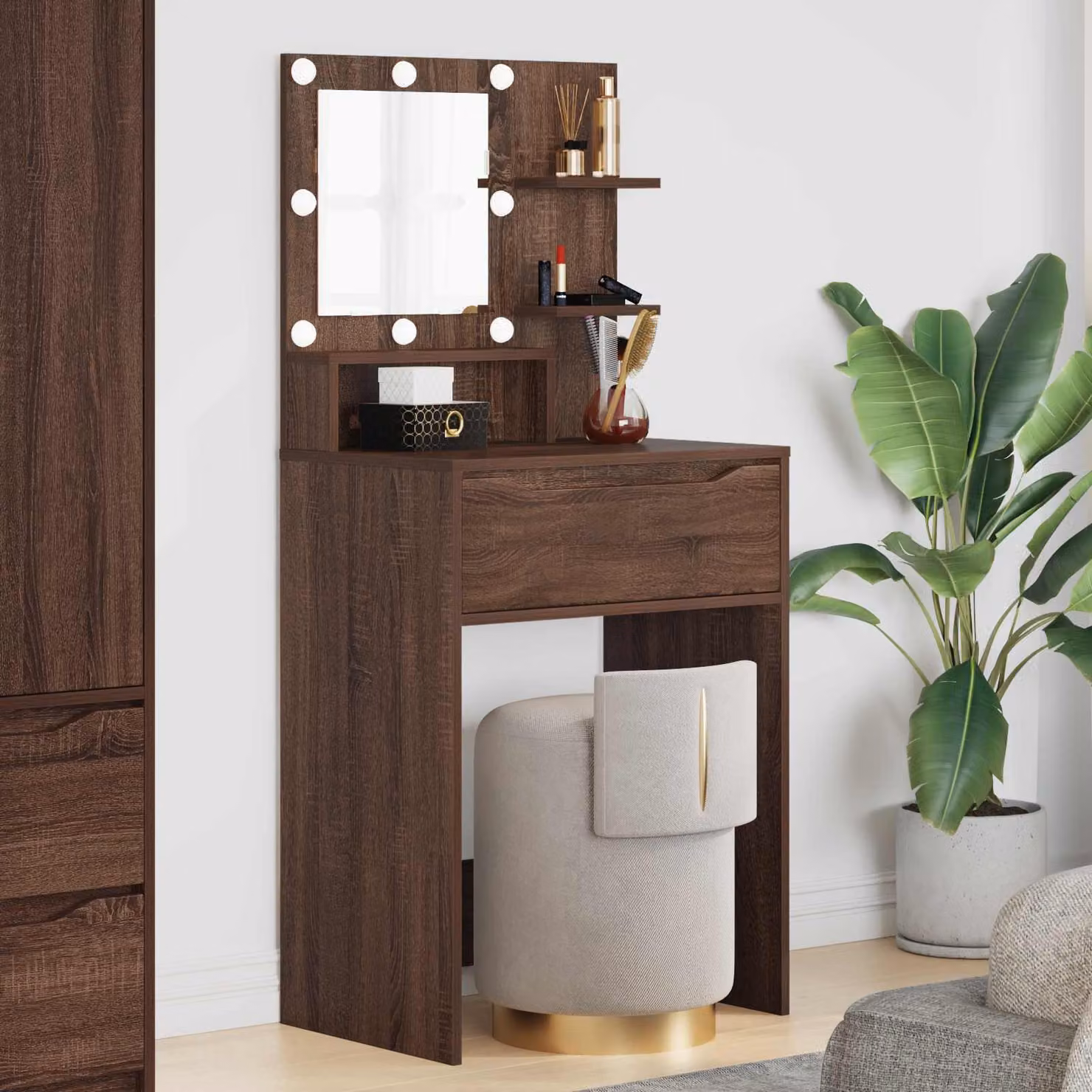 vidaXL Tavolo da Trucco Moderno con LED in MDF Laminato Marrone L: 135 cm, P: 39,5 cm, H: 60 cm