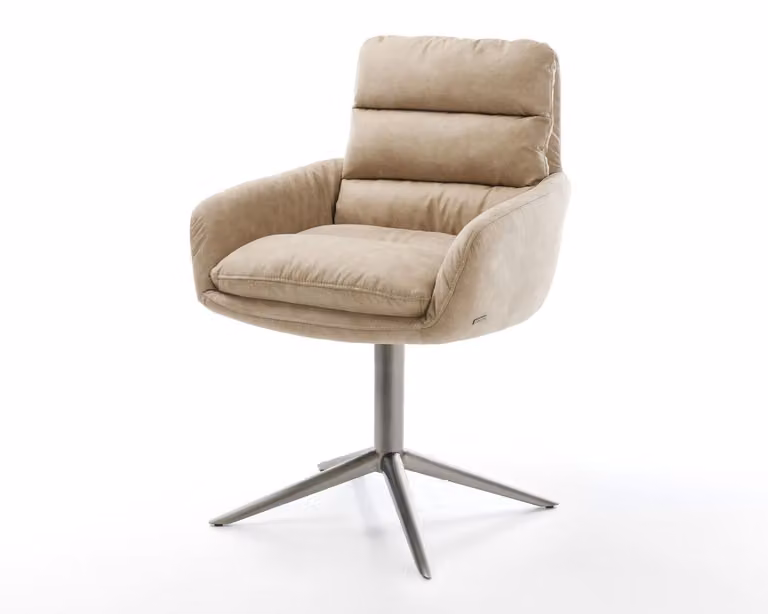 Sedia girevole DELIFE Abelia-Flex con braccioli, rivestita in microfibra beige, base vintage color grafite, girevole a 360° e con funzione basculante