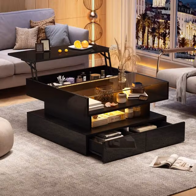 Tavolino da salotto quadrato WISHDOR nero con piano sollevabile in vetro e finitura lucida L/P/H: 80 x 80 x 45 cm