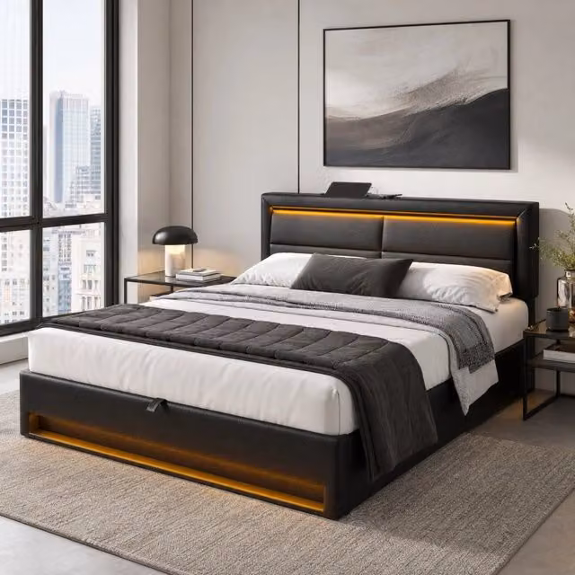 Letto imbottito 140x190 cm con USB; LED e vano contenitore; PU nero