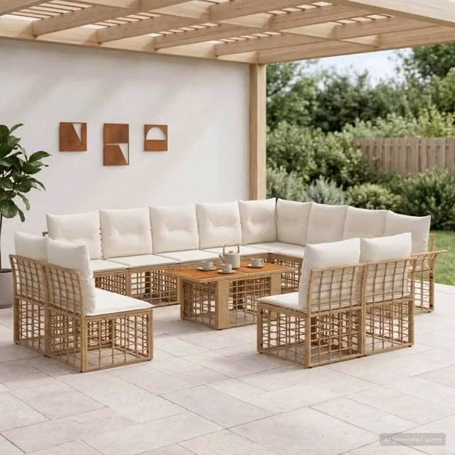 Set Divano da Giardino a L vidaXL in Polyrattan con Tavolino e Cuscini Beige e Bianco – 1