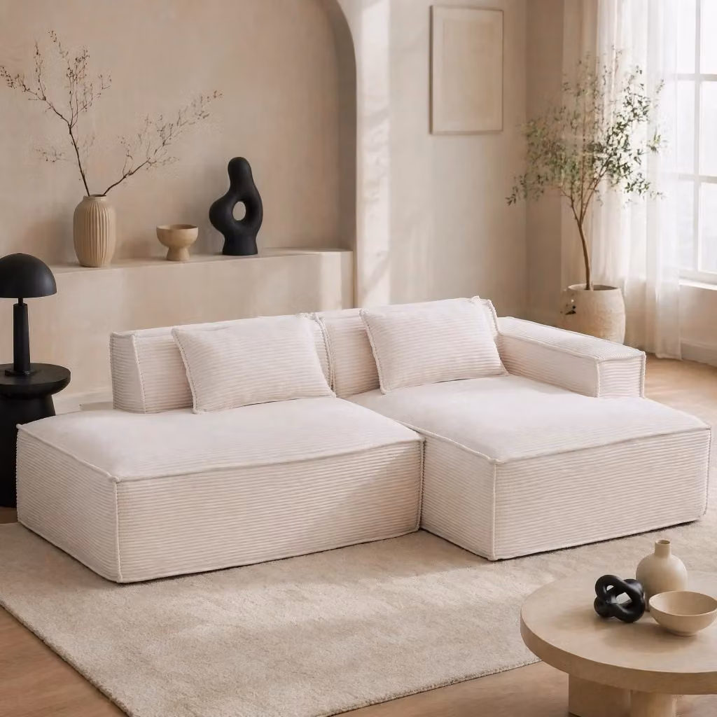 Divano moderno Mivray beige con due cuscini e imbottitura mista, L: 235 cm, P: 129 cm, H: 70 cm – 2