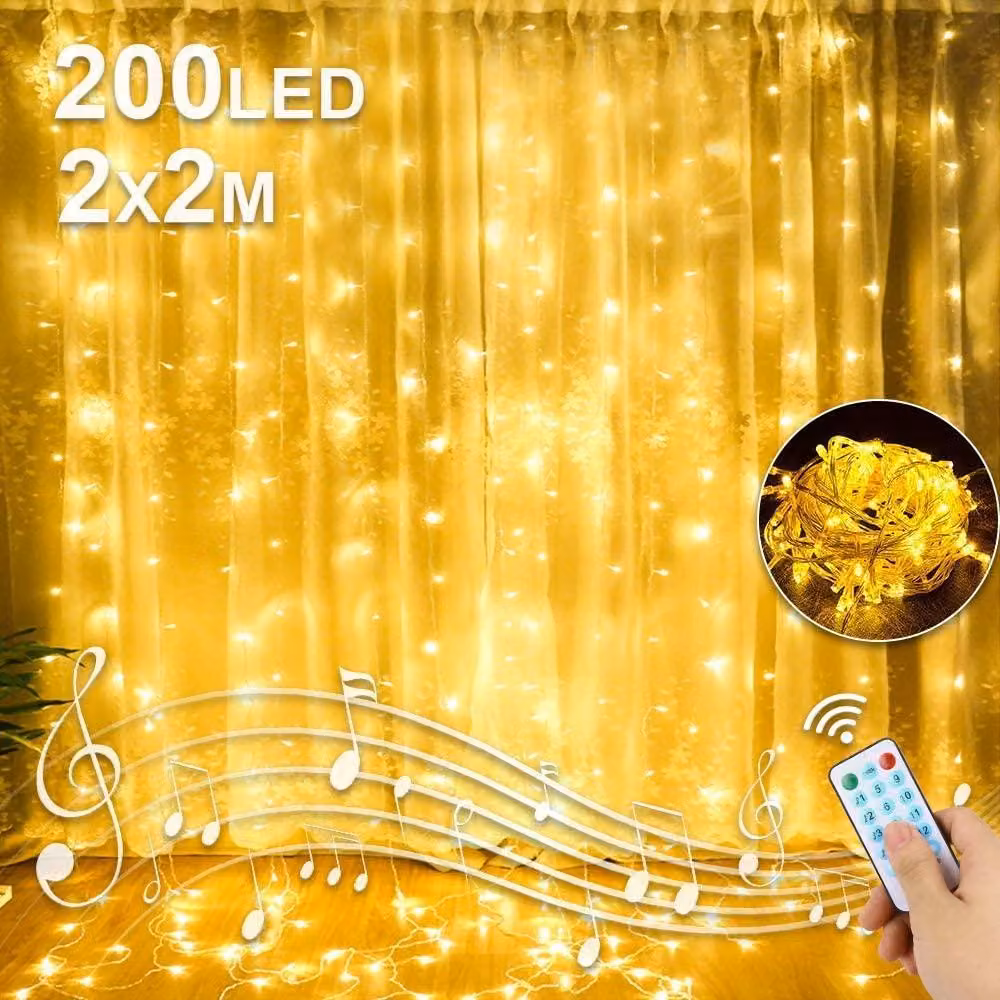 Tenda luminosa a LED, dimensioni 2x2 metri, 200 LED bianco caldo, alimentazione USB, grado di protezione IP65, telecomando incluso