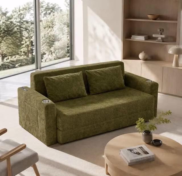 Divano letto 2 posti 2 in 1 pieghevole con porte USB in schiuma verde
