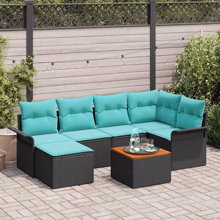 Maison Exclusive - Set da giardino composto da 7 pezzi. Divano e poltrone in rattan sintetico, colore nero e turchese
