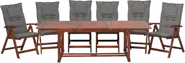 Set da pranzo da giardino BELIANI in legno di acacia con tavolo allungabile e 6 sedie con cuscini grigi stile rustico