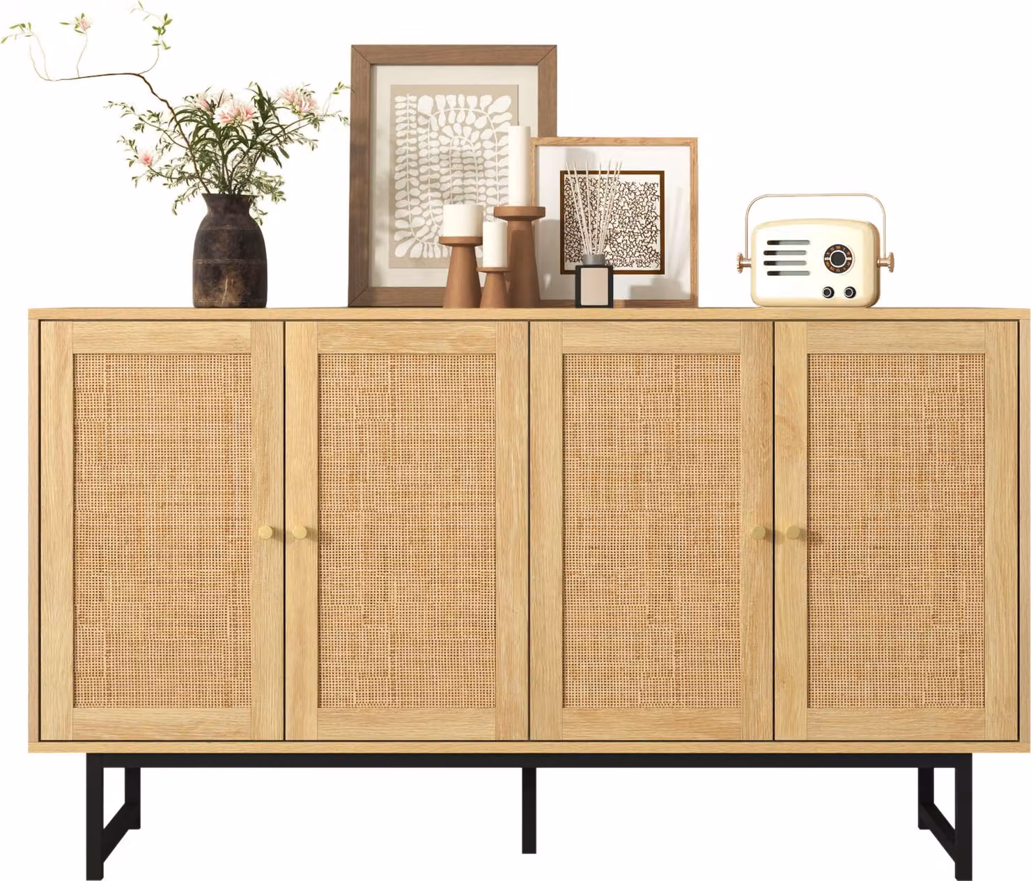 Credenza Sweiko 140x39,5x80 cm con vimini in vero rattan, 4 ante