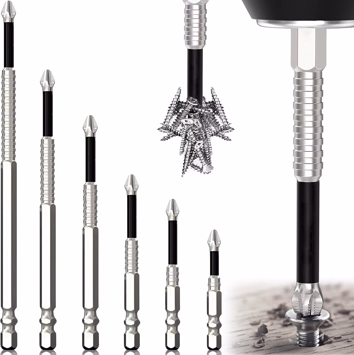 Set di 6 cacciaviti magnetici, con punte antiscivolo, da 5 a 15 cm, compatibili con martelli e trapani