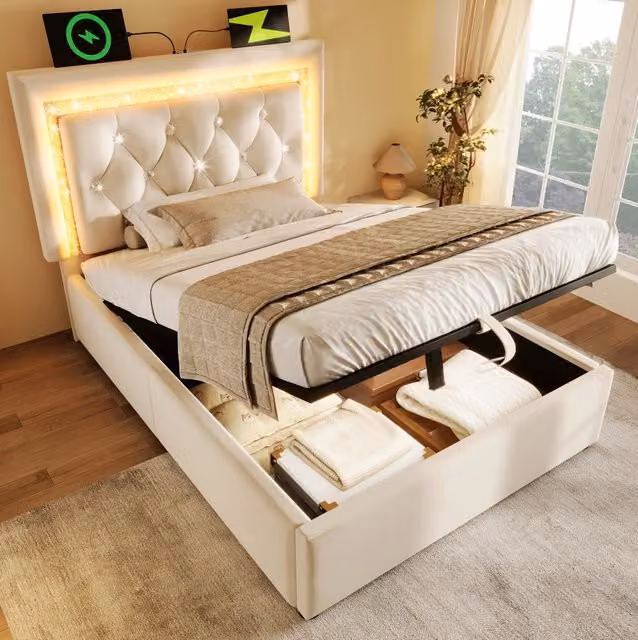 Letto singolo 90x200 cm velluto beige LED USB-C con materasso
