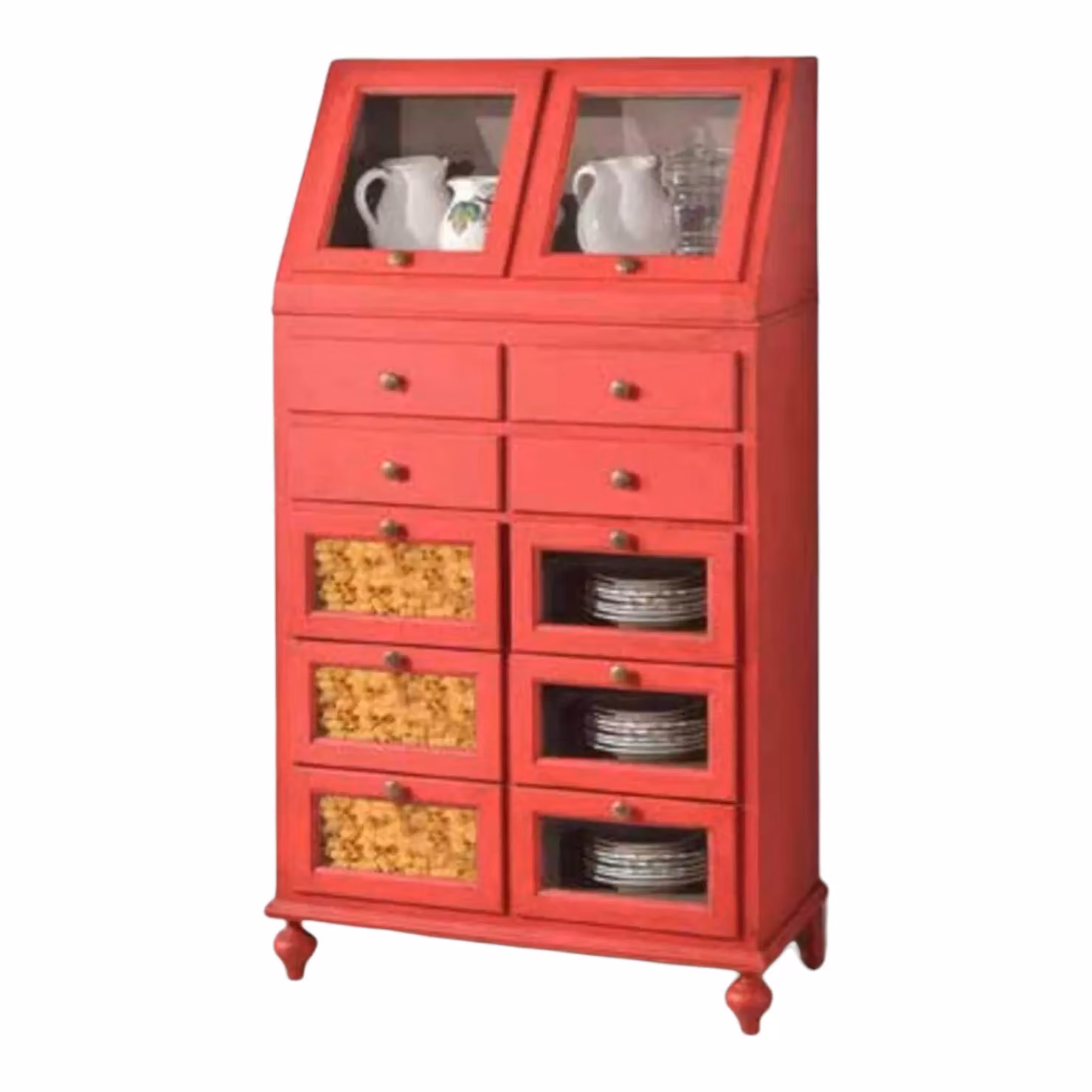 Dispensa Shabby Chic in Legno Rosso Anticato con Ante in Vetro Mobili 2G L: 80 cm, P: 42 cm, H: 153 cm – 2