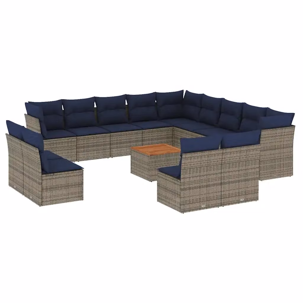 Set di Divani da Giardino a Forma di U vidaXL in Polyrattan Grigio e Blu con Cuscini e Tavolino da Esterno – 2