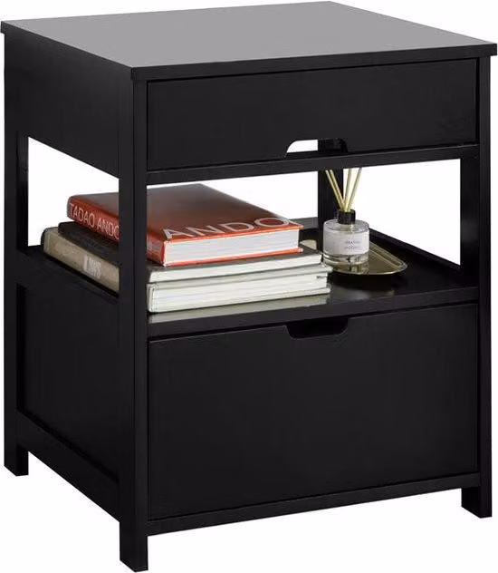 Comodino Rootz Modern - Comodino - Tavolino - MDF nero - Ampio spazio contenitivo con 2 ripiani e 2 cassetti - Protezioni antigrattio per il pavimento - Versatile per soggiorno, camera da letto, ufficio - 45 cm x 55 cm x 38 cm