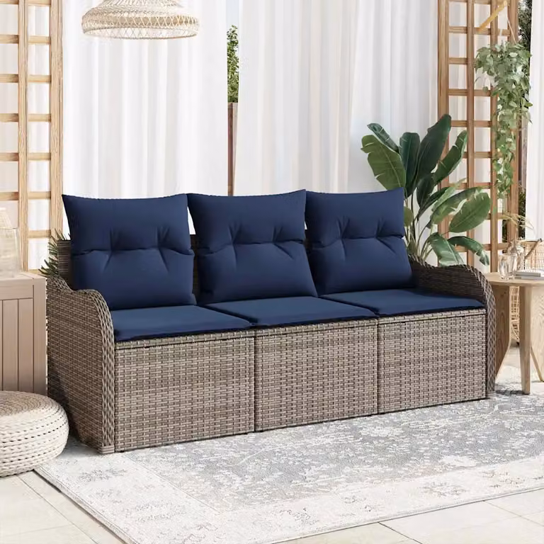 Set Divano da Giardino 3 pz vidaXL a forma a L in Polyrattan Grigio con Cuscini Blu e Struttura in Acciaio Verniciato a Polvere