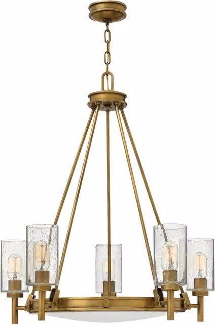 Lampadario a sospensione Collier Hinkley in metallo e vetro trasparente color oro/ottone con 5 luci E27 in stile mid-century