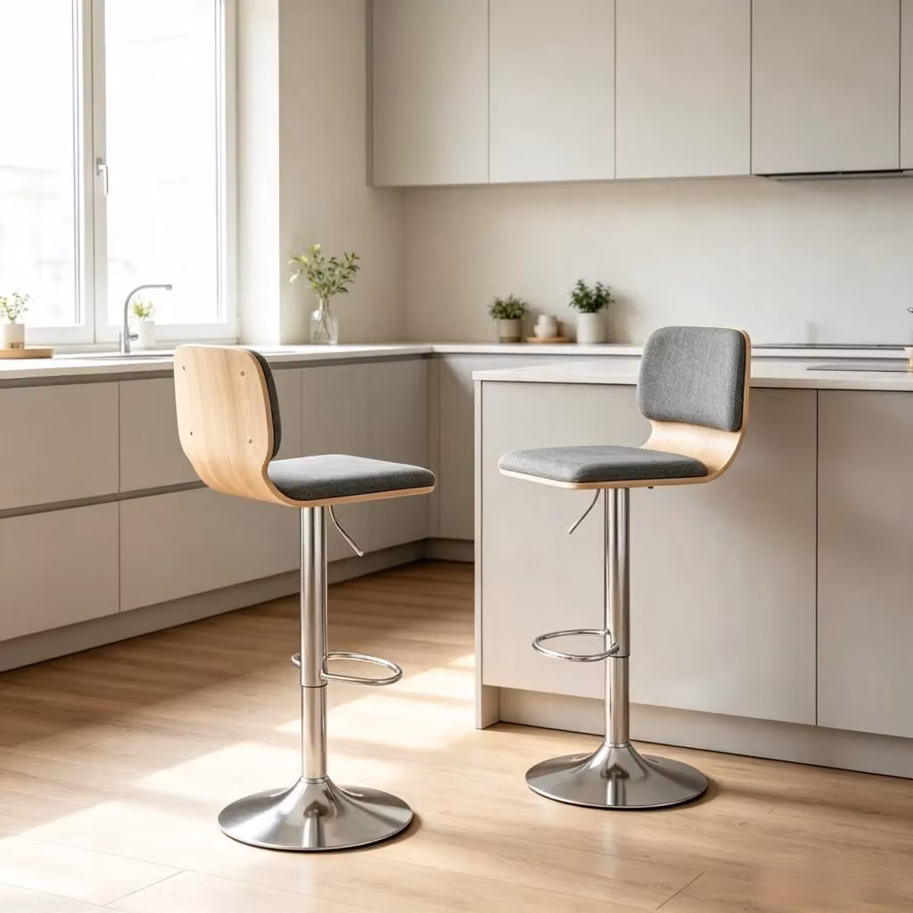 Set di 2 sgabelli da bar OKWISH regolabili con schienale e poggiapiedi in tessuto e metallo grigio L: 41 cm, P: 47,5 cm, H: 81-102 cm – 2