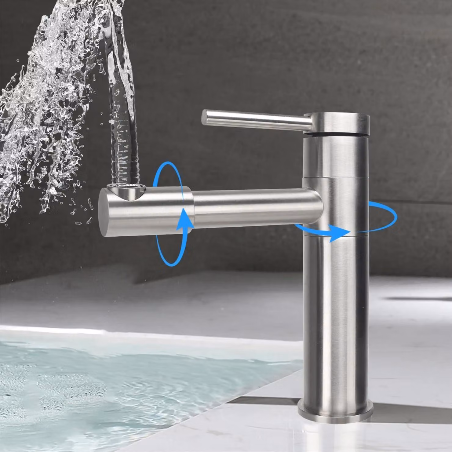 Miscelatore per lavabo in acciaio inossidabile, girevole a 360°, colore argento