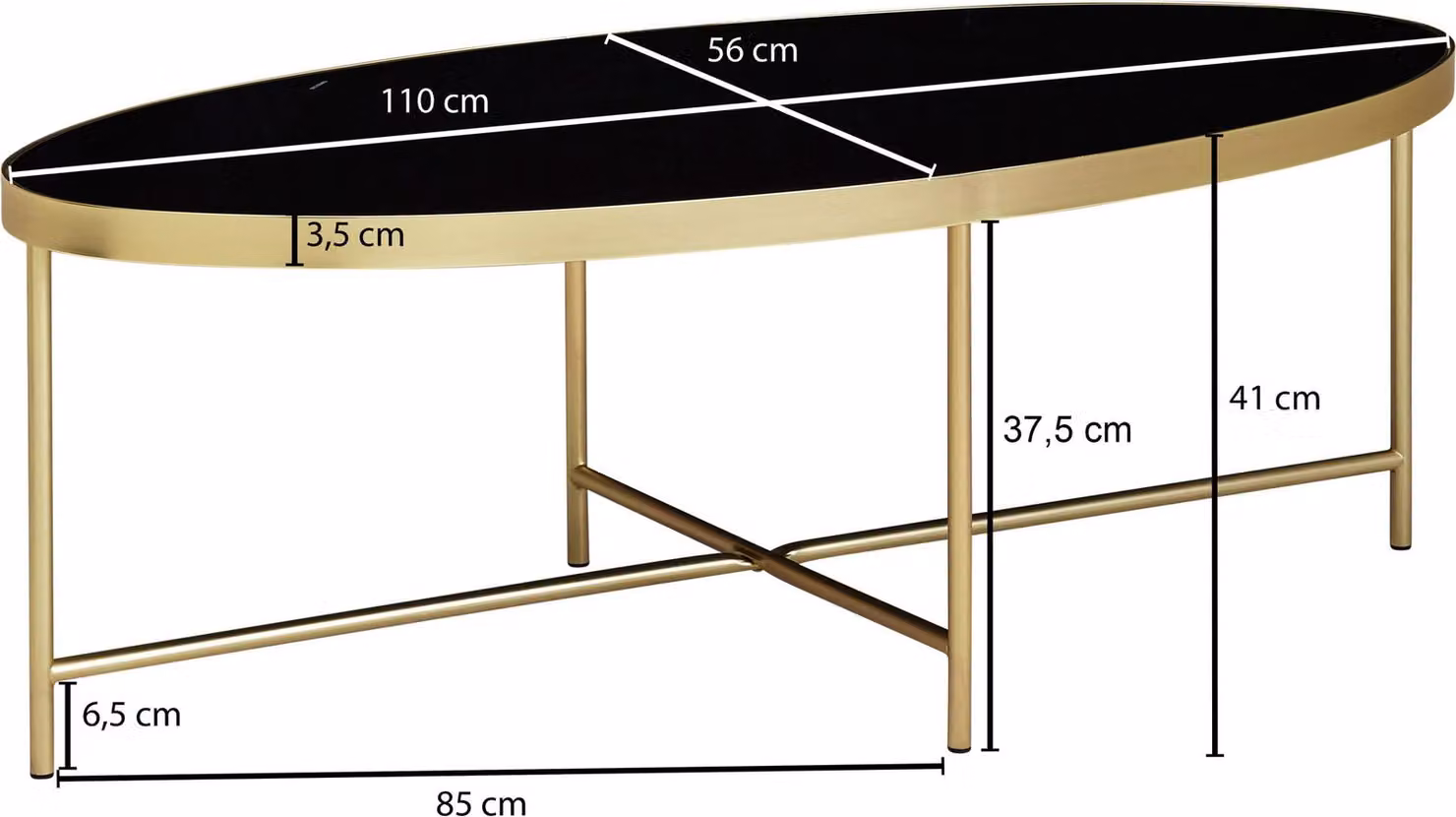 Tavolino di design in vetro nero - ovale 110 x 56 cm con oro metallizzato | Wohnling