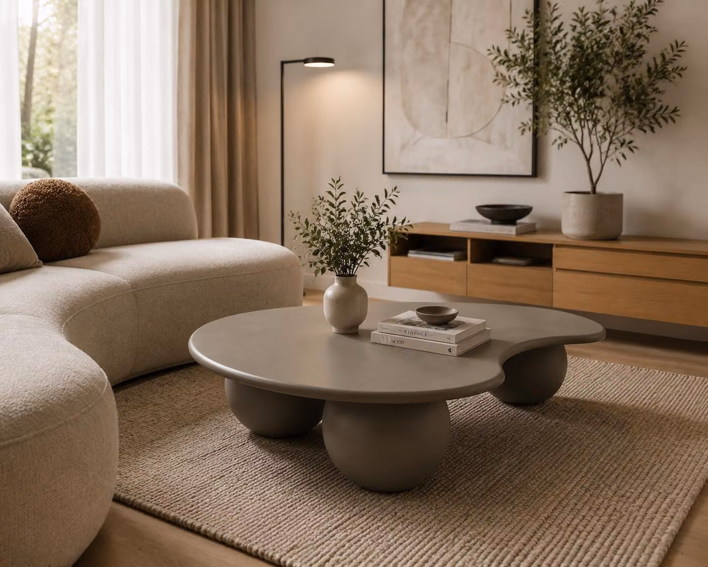 Tavolino da caffè design, forma libera, beige, minimalista, moderno