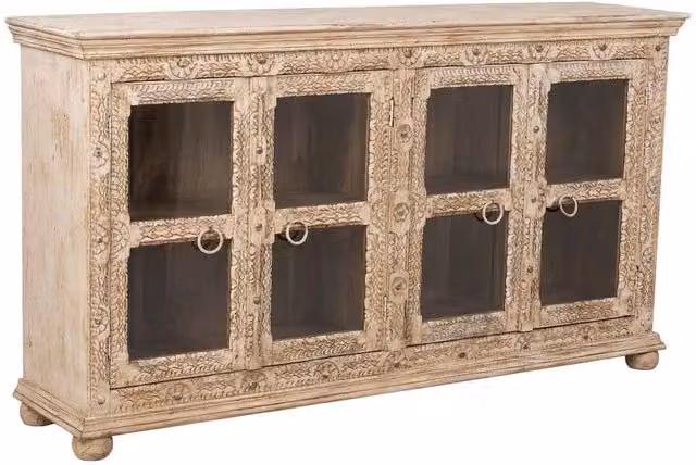 Credenza Wanderlust Deco in legno di mango beige con ante in vetro e decoro floreale L: 180 cm, P: 43 cm, H: 100 cm