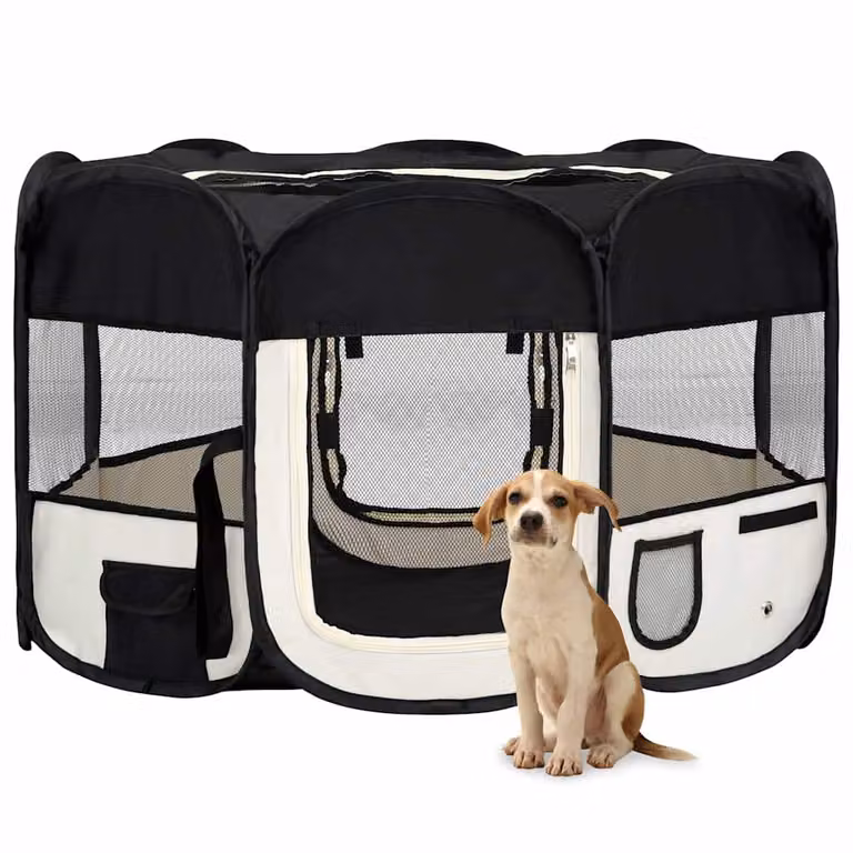 vidaXL Box per Cani Pieghevole con Borsa per Trasporto, Nero e Beige, L/P/H: 125 x 125 x 61 cm