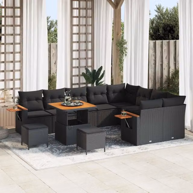Set Divano da Giardino vidaXL a 9 posti in Polyrattan Nero con Cuscini e Tavolino da Esterno