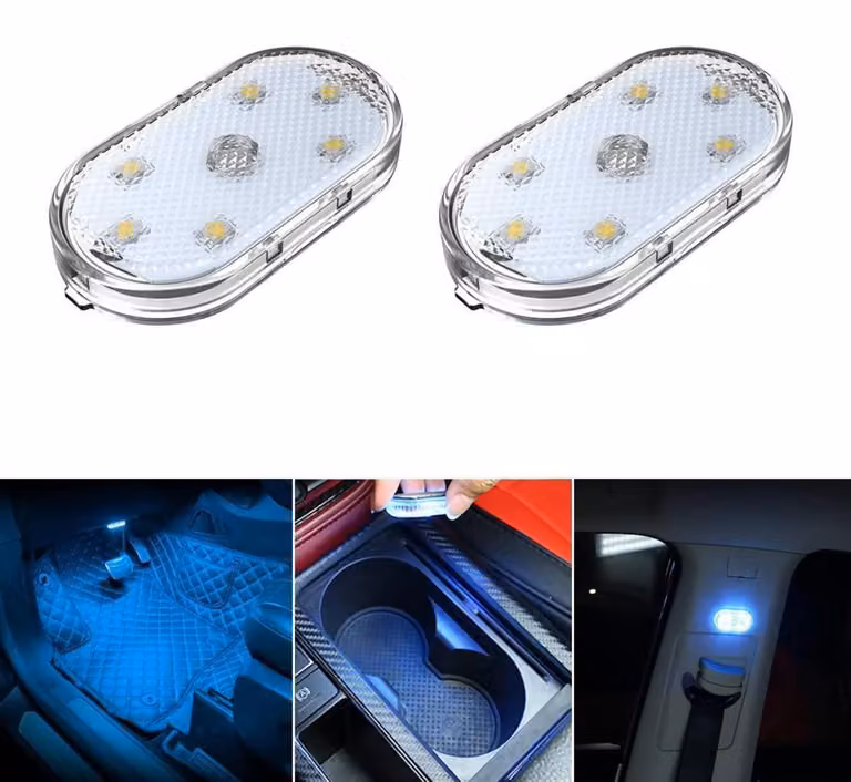 2 luci LED interne per auto, colore blu ghiaccio, ricaricabili tramite USB, con accensione a sensore touch