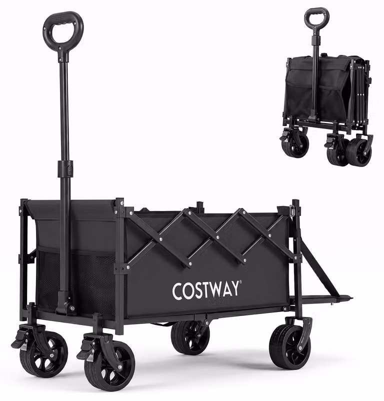 COSTWAY, carrello pieghevole da 63L + 29L, carrello portante fino a 150 kg, carrello per la spiaggia con portellone pieghevole, maniglia regolabile e ruote, carrello per il trasporto, colore nero