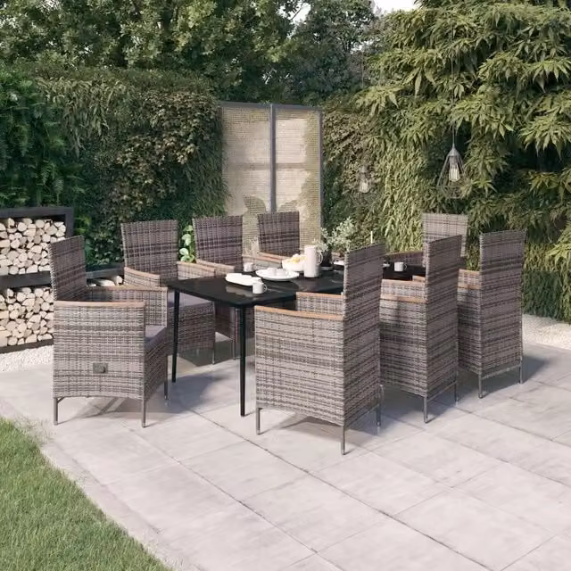 Set da pranzo da giardino vidaXL in polyrattan con tavolo in vetro e cuscini grigi e neri, 9 pezzi