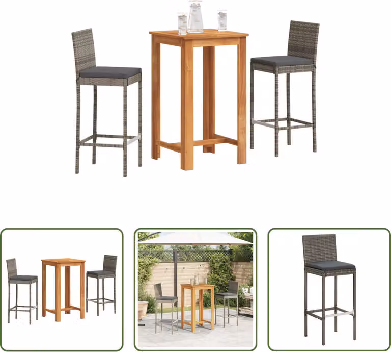 The Living Store Set bar da giardino 3 pezzi in legno massiccio di acacia e poly rattan grigio