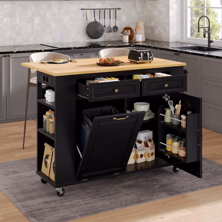 okwish Mobile da cucina a isola allungabile Carrello di servizio con rotelle e vano portarifiuti, credenza con portasciugamani e prese di corrente, nero