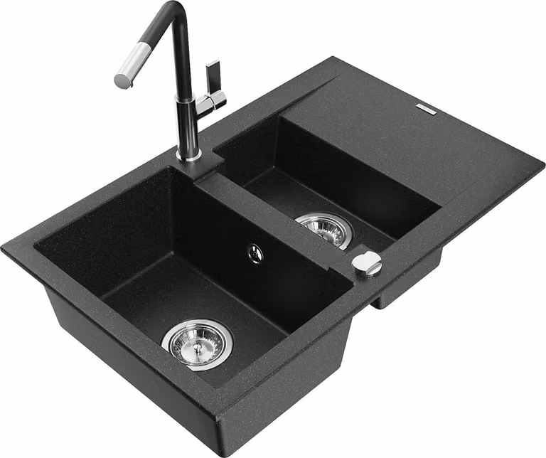 Mexen Gaspar lavello in granito 1,5 vasca con scolapiatti e rubinetto da cucina Flora, nero/argento - 6507-73-670401-07