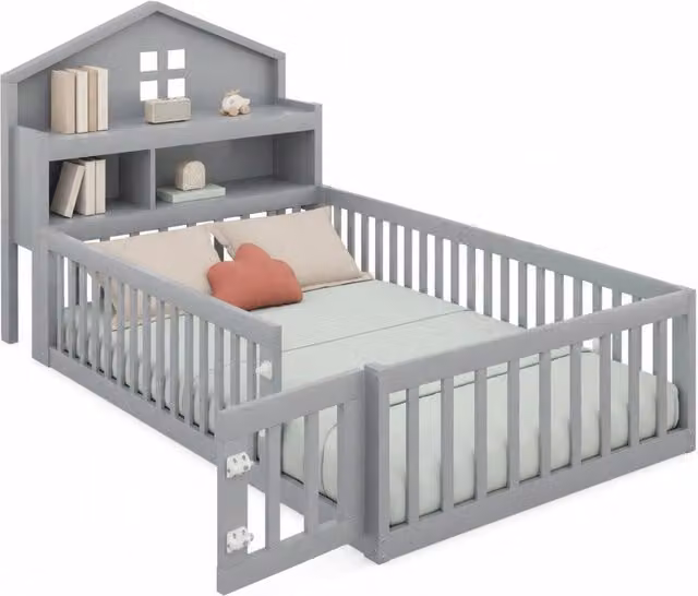 Letto per bambini 90x200 cm a casetta con lavagna; ripiani e rete; grigio