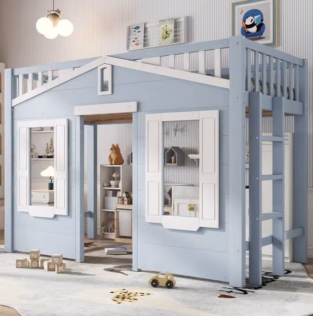 Letto a soppalco per bambini in legno di pino e MDF blu 90x200 cm con scala reversibile e spazio multifunzionale sottostante