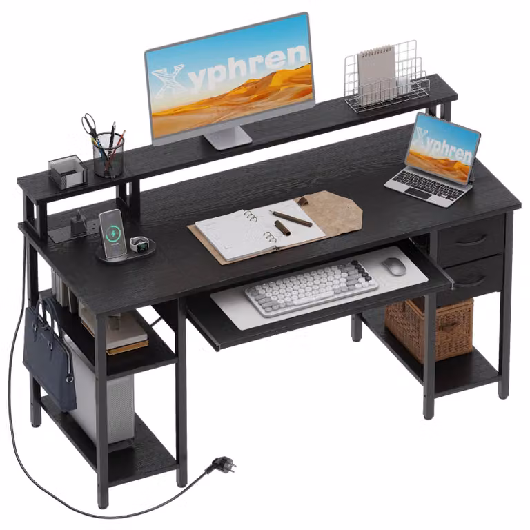 Scrivania per computer con 2 cassetti, scrivania da gaming con pannello frontale, 140 x 50 cm, nera