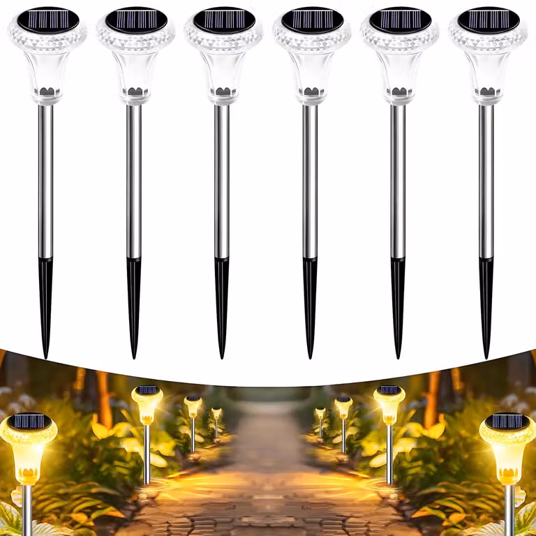 Set di 6 luci solari da esterno, luce bianca calda da 3000K, grado di protezione IP65, ideali per giardino e terrazza
