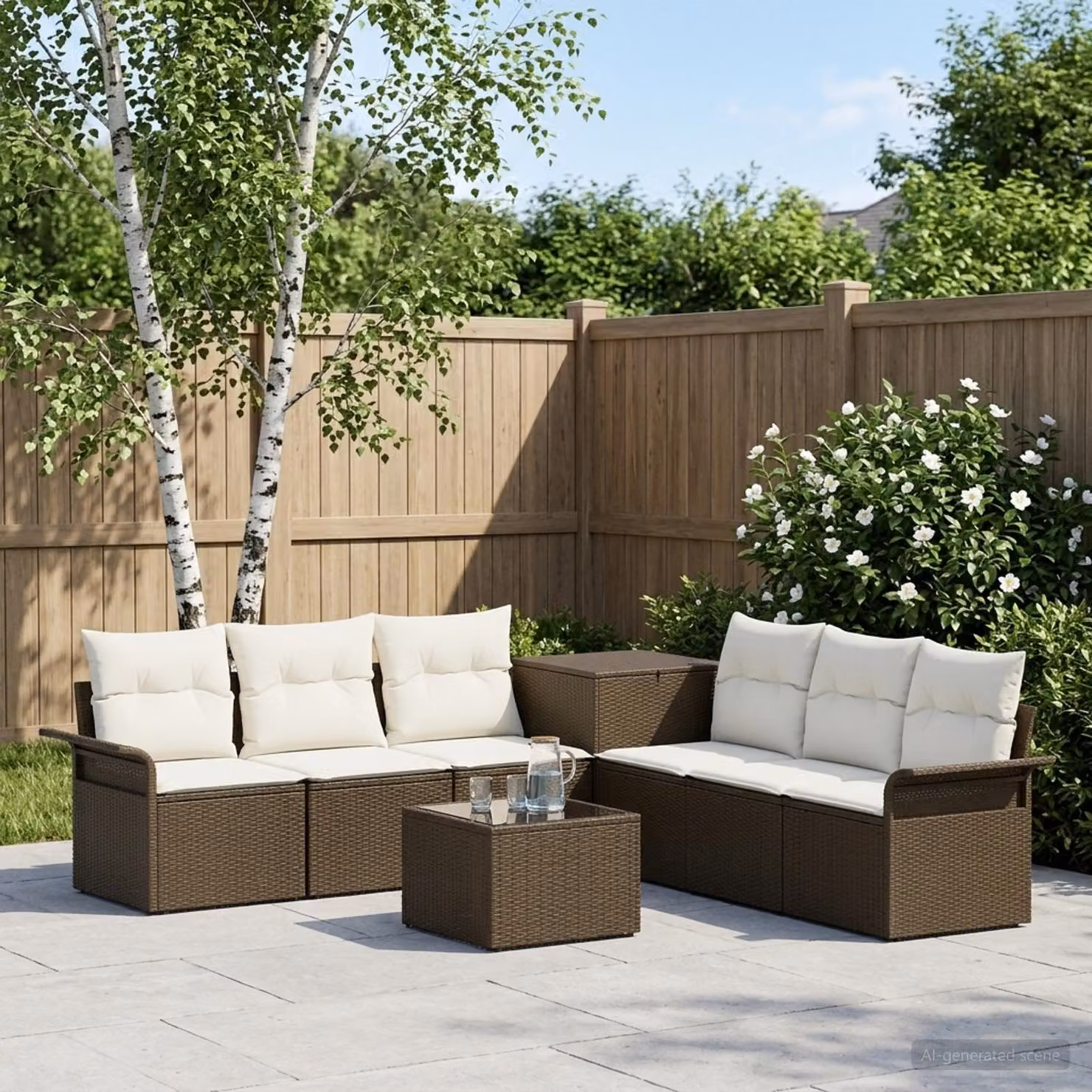 vidaXL Set di divani da giardino a forma di U composto da 8 pezzi con tavolino da caffè, colore marrone e bianco crema