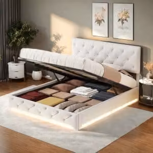 Letto imbottito 160x200cm con rete a doghe, letto a molle idrauliche con contenitore, letto contenitore matrimoniale con LED, lino, beige