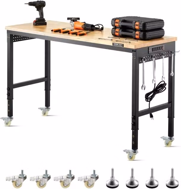 Banco da Lavoro Regolabile 1524 mm FGO6022V, Piano in Legno di Rovere, Carico 907 kg con Presa di Corrente, per Officina Garage Fai da Te