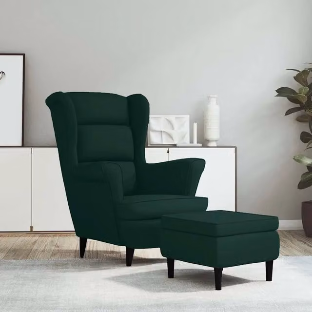 Divano Sedia-Poltrona Schienale ad Ala con Poggiapiedi Verde Scuro Velluto