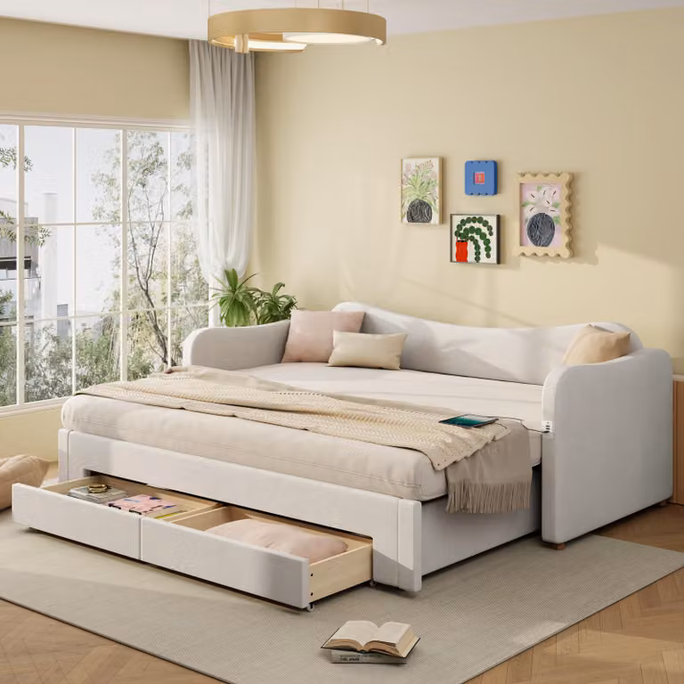 Divano letto MODFU 90x200, lettino per bambini con porta USB, letto imbottito con letto estraibile, letto matrimoniale con 2 cassetti e materasso, velluto beige