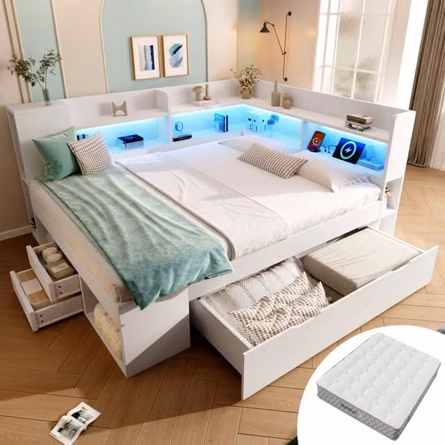 Letto contenitore matrimoniale 140x200 cm Bianco, con LED, USB e Type-C, mensole e cassetti, rete a doghe inclusa (con materasso)