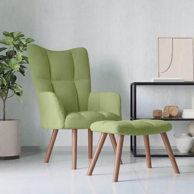 Poltrona Relax Moderna con Poggiapiedi in Velluto Verde Chiaro e Struttura Integrata – 1
