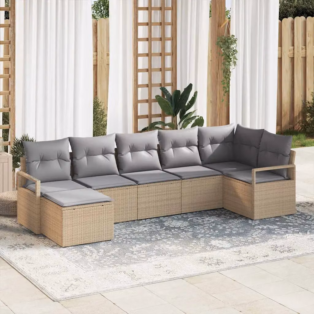 Set di divani da giardino vidaXL a forma di U composto da 7 pezzi in polyrattan beige con cuscini e pouf incluso